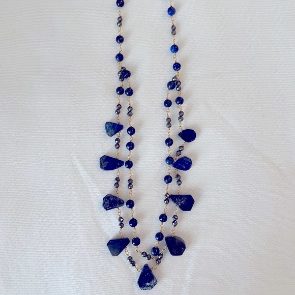 Pretty Goldtone Two-Strand Beaded Necklace with Blue Stones and Beads - Picture 4 of 10